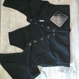 Zaful U Neck Lace Up Ribbed Bodysuit Black